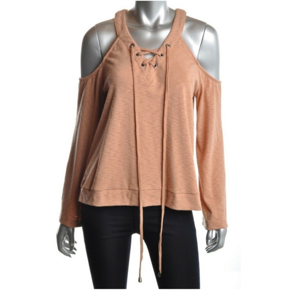 J.O.A. Los AngelesCold Shoulder Lace Up Neck Shirt